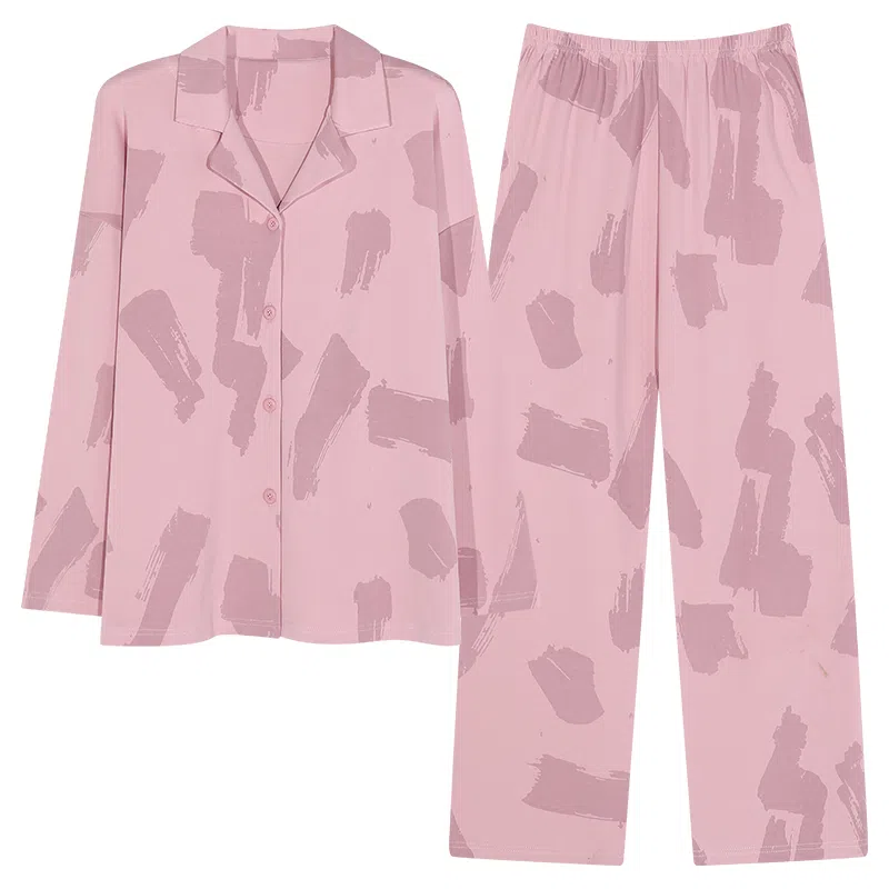 莫代尔 小清新气质时尚亲肤透气细腻柔软舒适轻盈翻领长袖长裤可外穿睡衣套装 女款 粉红色