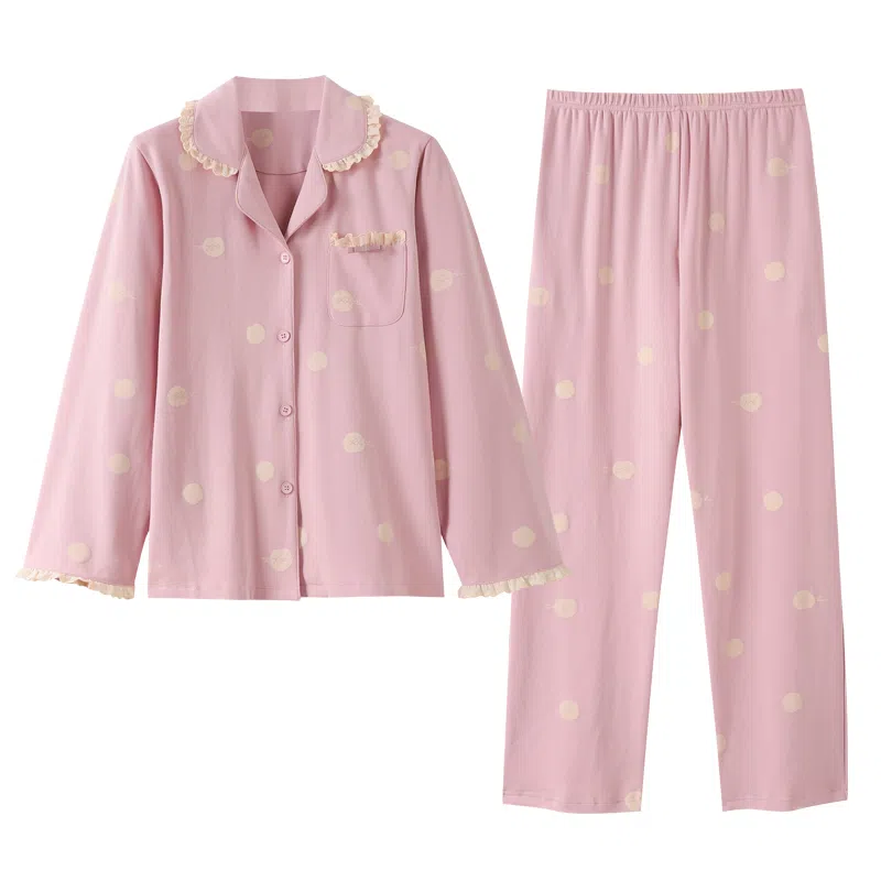 歌倩雅 纯棉长袖长裤大码睡衣套装 女款 粉色