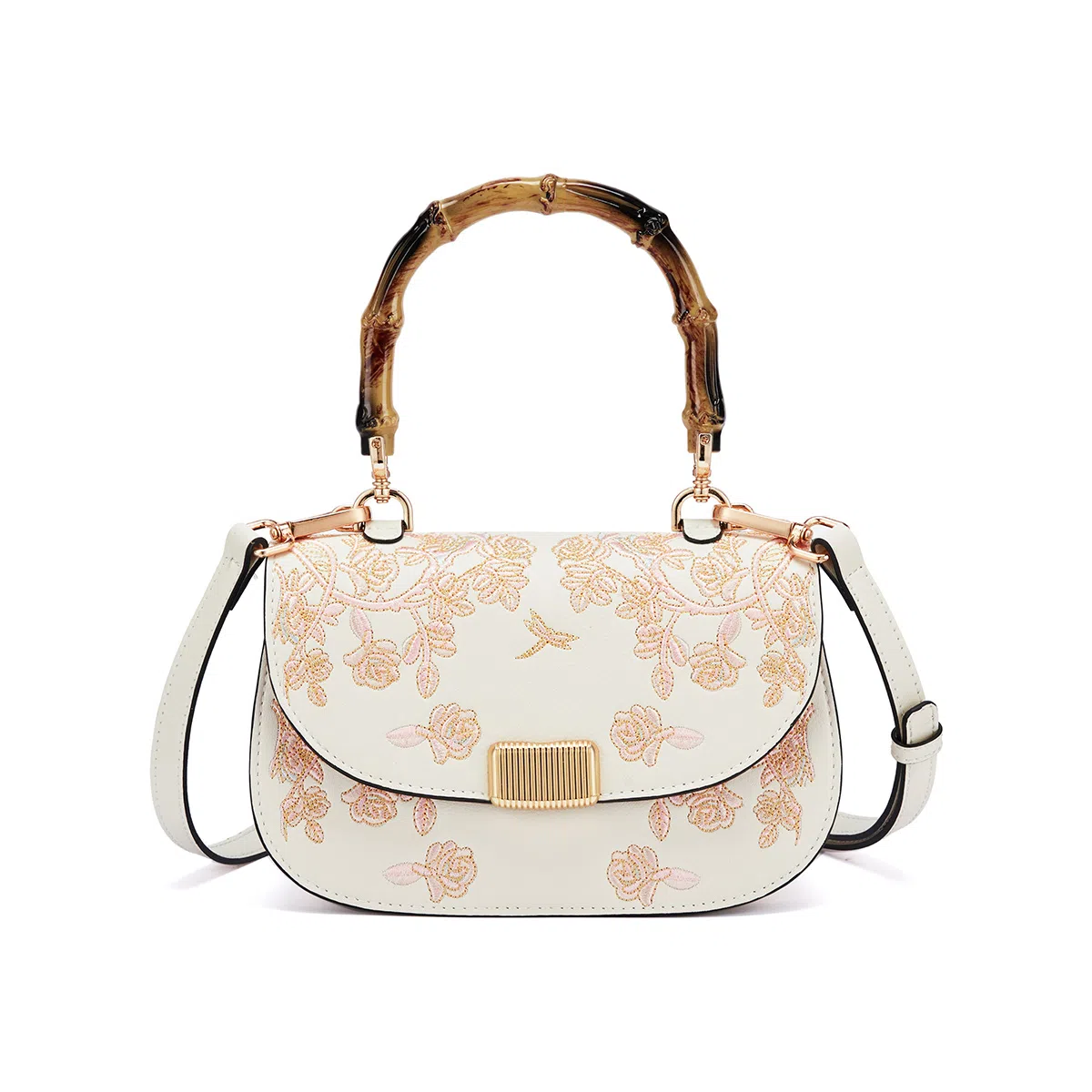 红蜻蜓 国风刺绣时尚设计经典高级感 牛皮 斜挎手提包 女款 米白