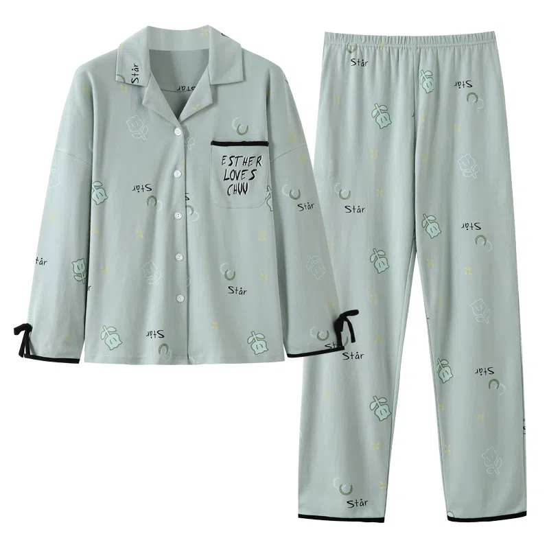 歌倩雅 简约亲肤舒适开衫小翻领长袖休闲可外穿长裤睡衣套装 女款 图片色