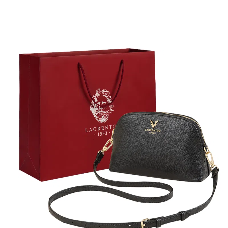 老人头 通勤休闲简约轻便散步装放手机的单肩包 牛皮 斜挎贝壳包 小号 女款 黑色