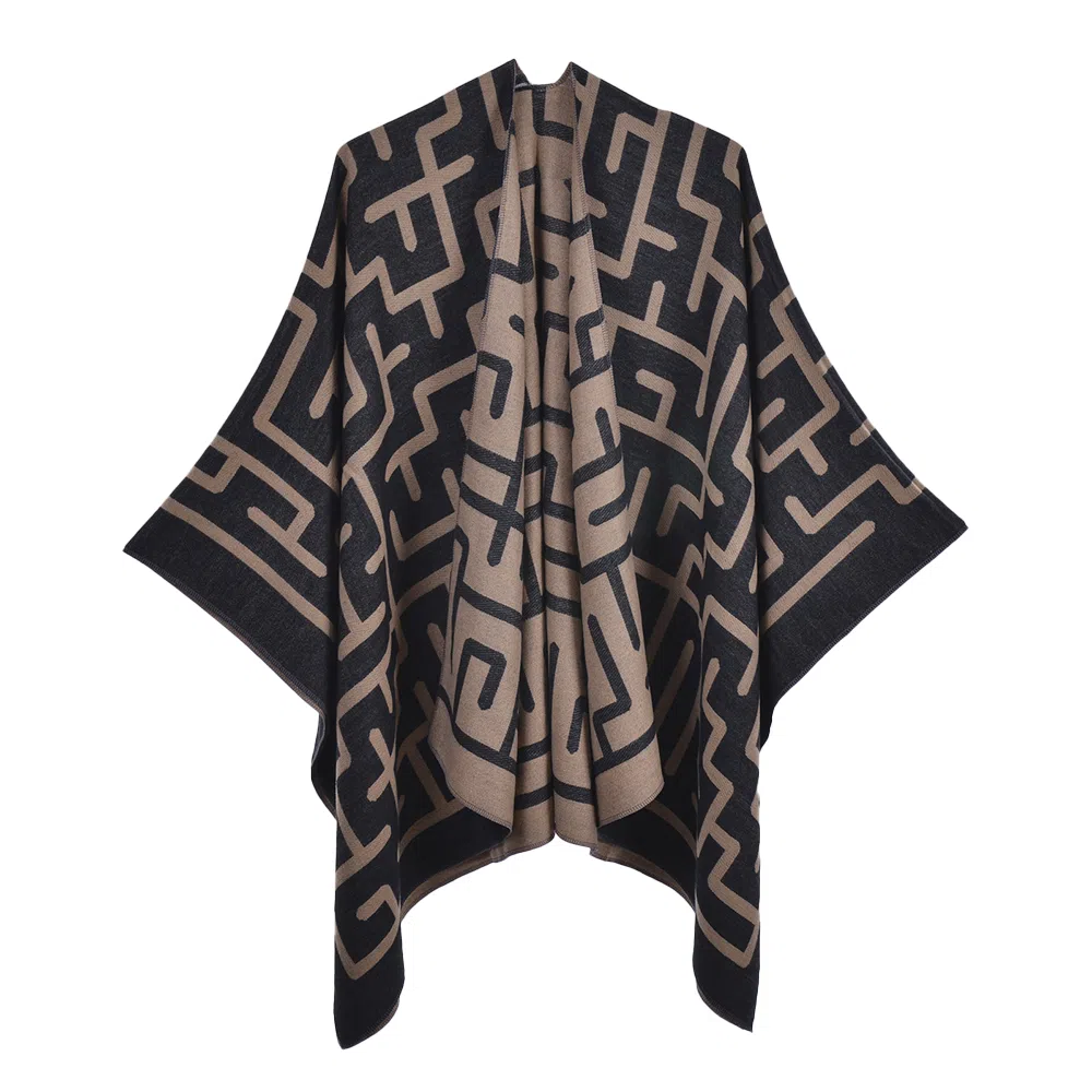 梦特娇 户外防风保暖高级双面双色混色几何图形百搭 披肩 女款