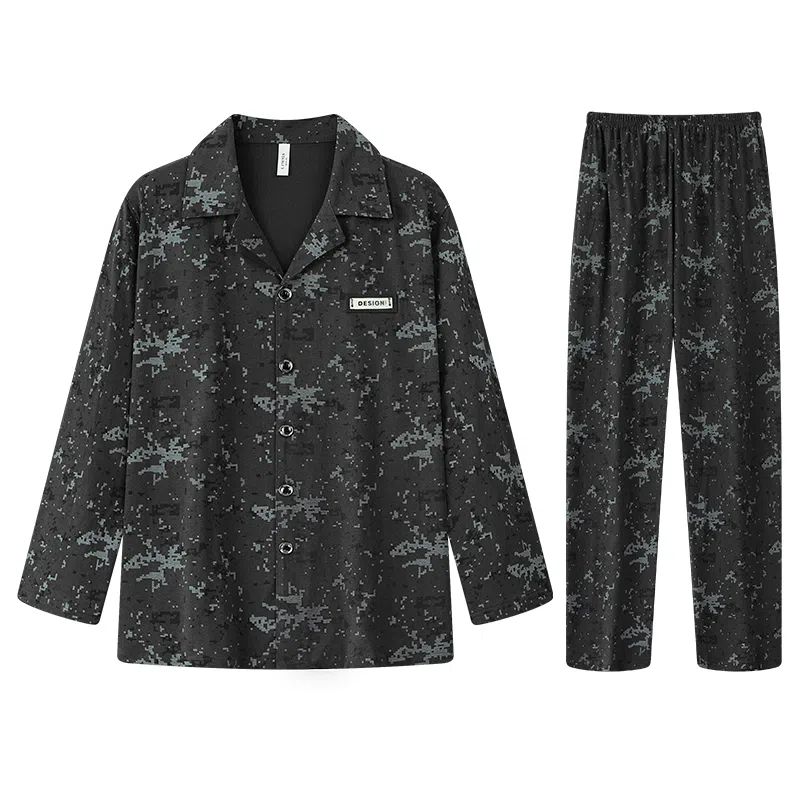 兰缪 简约休闲舒适亲肤透气可外穿翻领开衫长袖长裤睡衣套装 男款 黑色