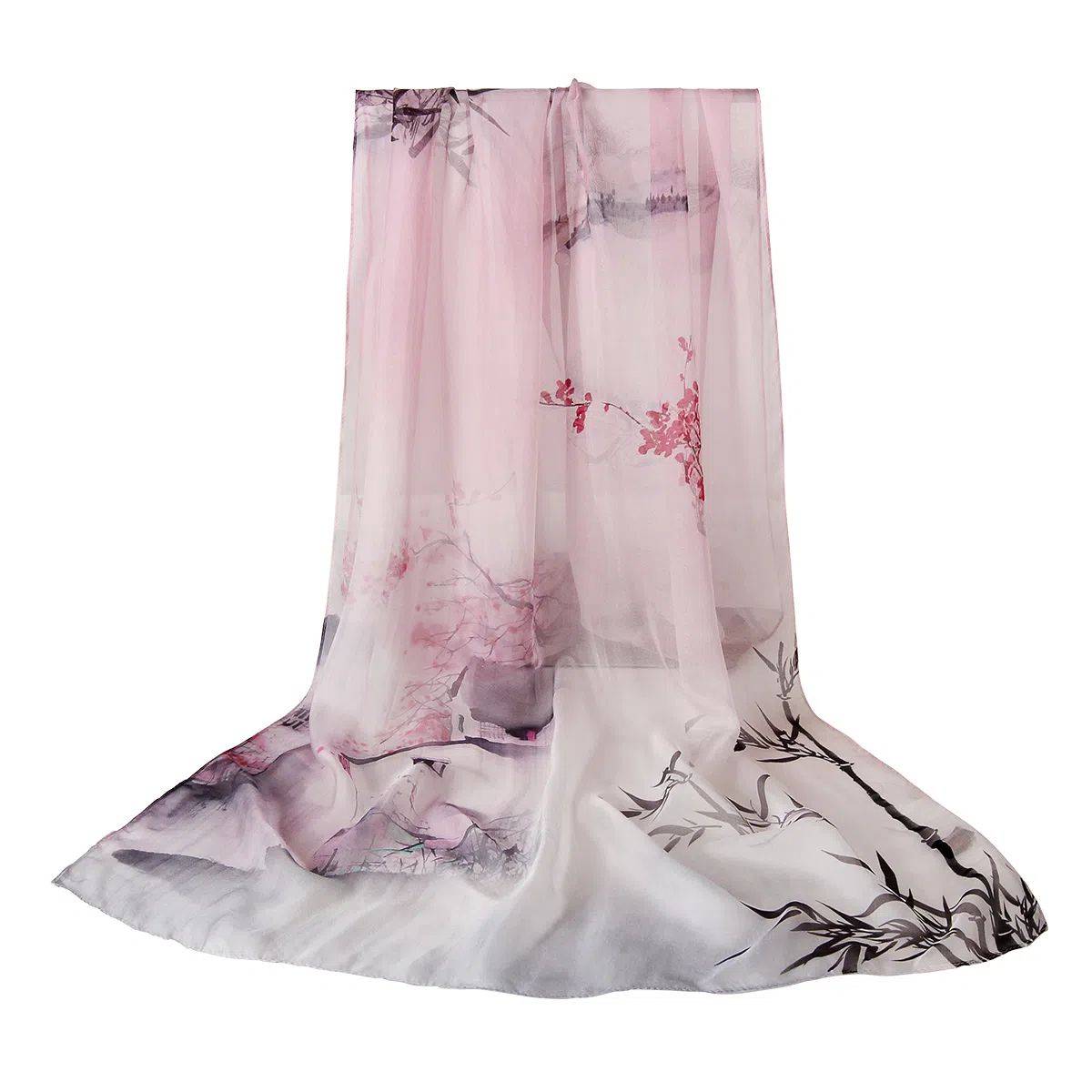 上海故事 春花秋月喷绘真丝长巾 桑蚕丝 丝巾 女款