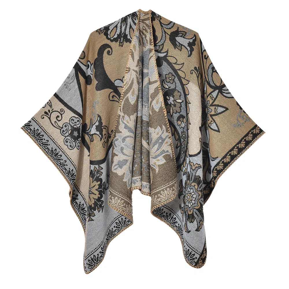 梦特娇 秋冬加厚防风保暖复古开叉喇叭花腰果 披肩 女款