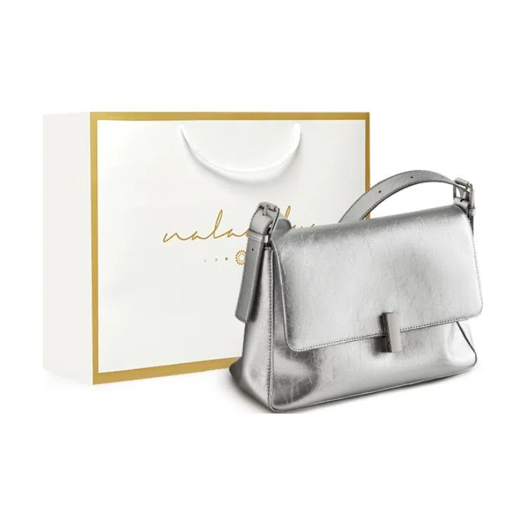 纳兰杜 百搭时尚夏天潮流通勤 牛皮 斜挎包单肩包小方包腋下包 常规 女款 极光银/子夜黑