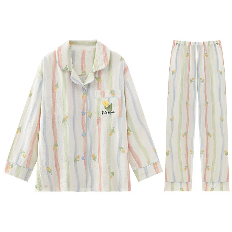 兰缪 带胸垫舒适透气长袖长裤可外穿家居服睡衣套装 女款 图色