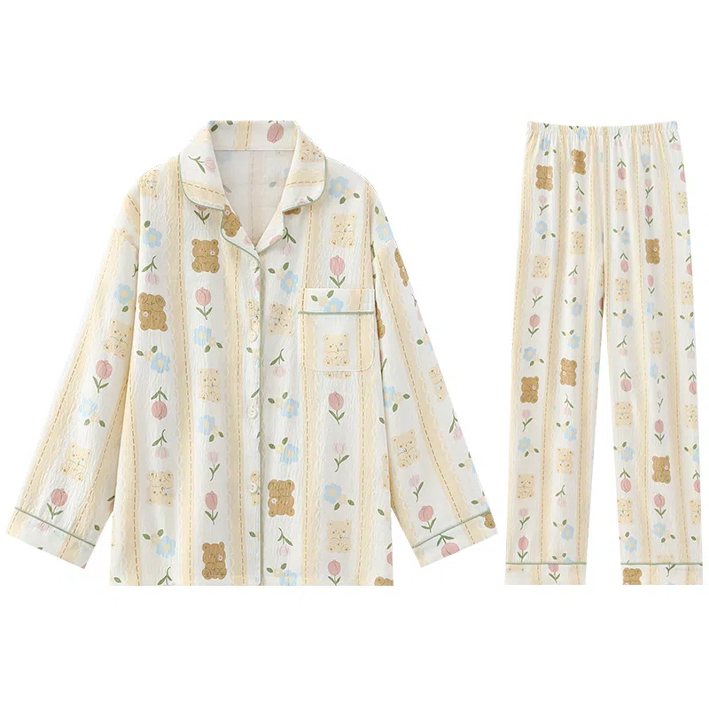 兰缪 简约亲肤舒适带胸垫一体防凸点长袖可外穿休闲长裤睡衣套装 女款 杏色