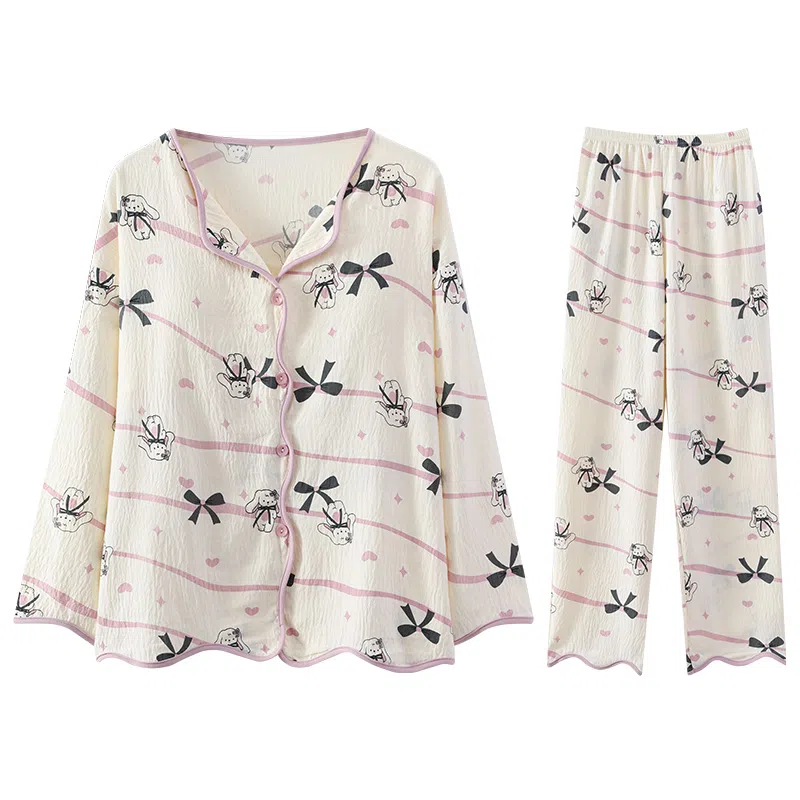 兰缪 翻领长袖长裤薄款带胸垫一体防凸点睡衣套装 女款 杏色