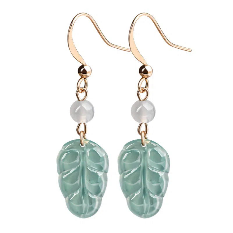 幸囍礼 翡翠金枝玉叶树叶耳饰 国风叶子转运珠复古耳坠 豆种 耳环 男女同款情侣款
