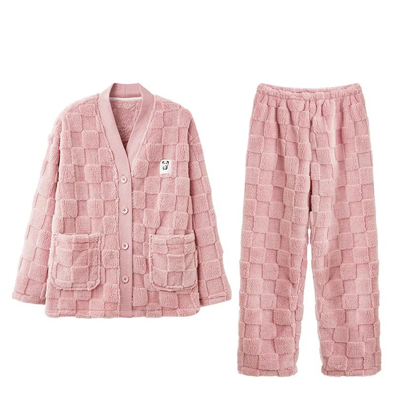 欧迪芬 纯色开衫长袖柔软保暖舒适简约长裤睡衣套装 女款 粉色