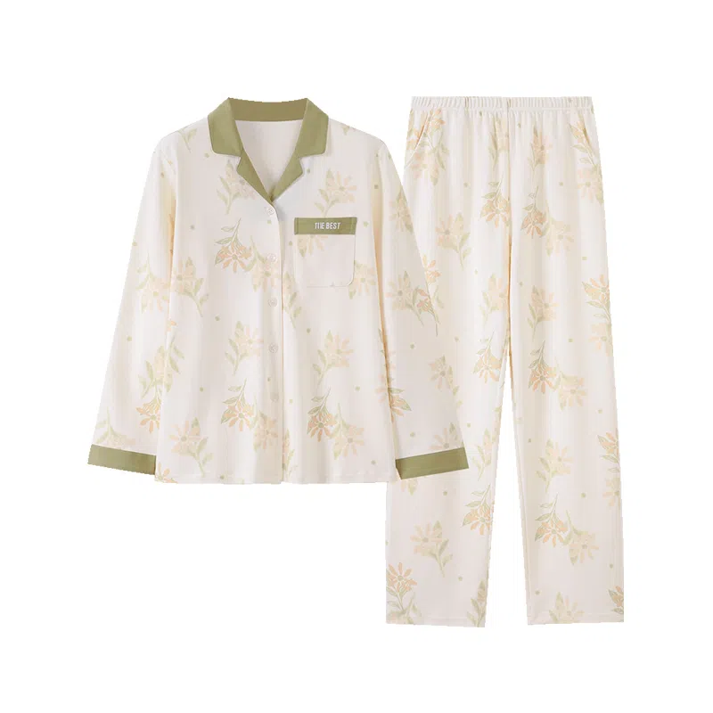 歌倩雅 开衫翻领甜美长袖长裤家居服睡衣套装 女款 图色