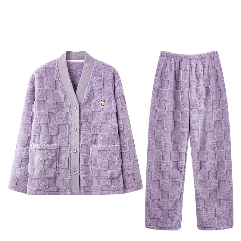 欧迪芬 纯色开衫长袖柔软保暖舒适简约长裤睡衣套装 女款 粉色