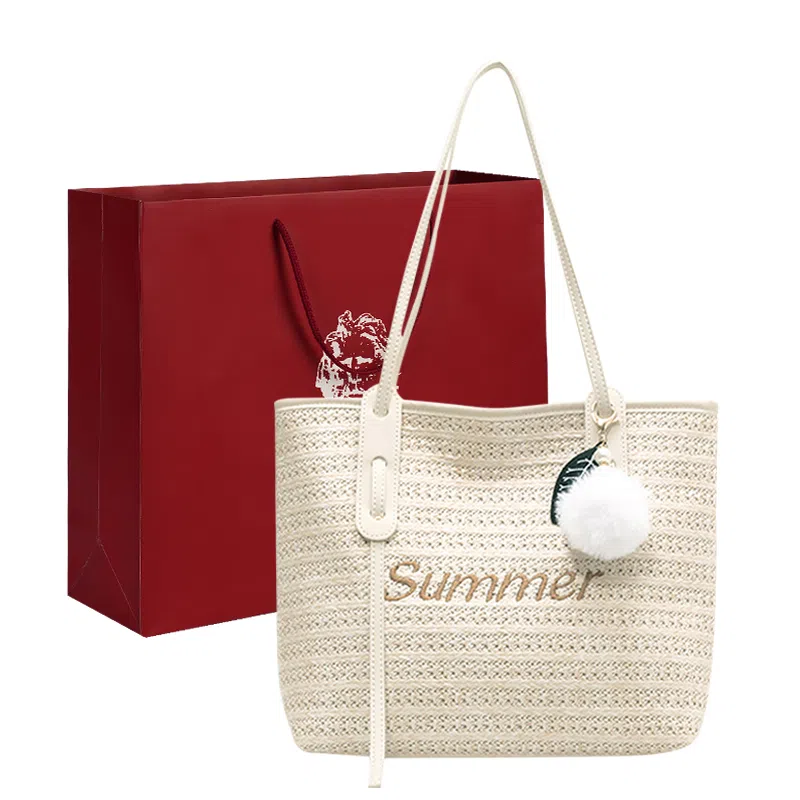 老人头 沙滩时尚休闲编织 织物拼合成革 托特包单肩包 女款 白色