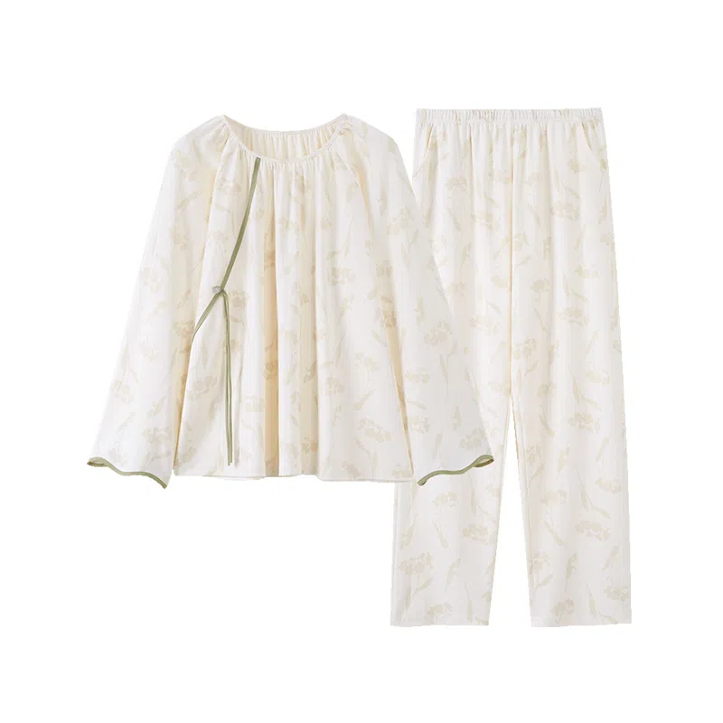 歌倩雅 柔软舒适细腻亲肤中式盘扣长袖长裤秋冬季睡衣套装 女款 白色