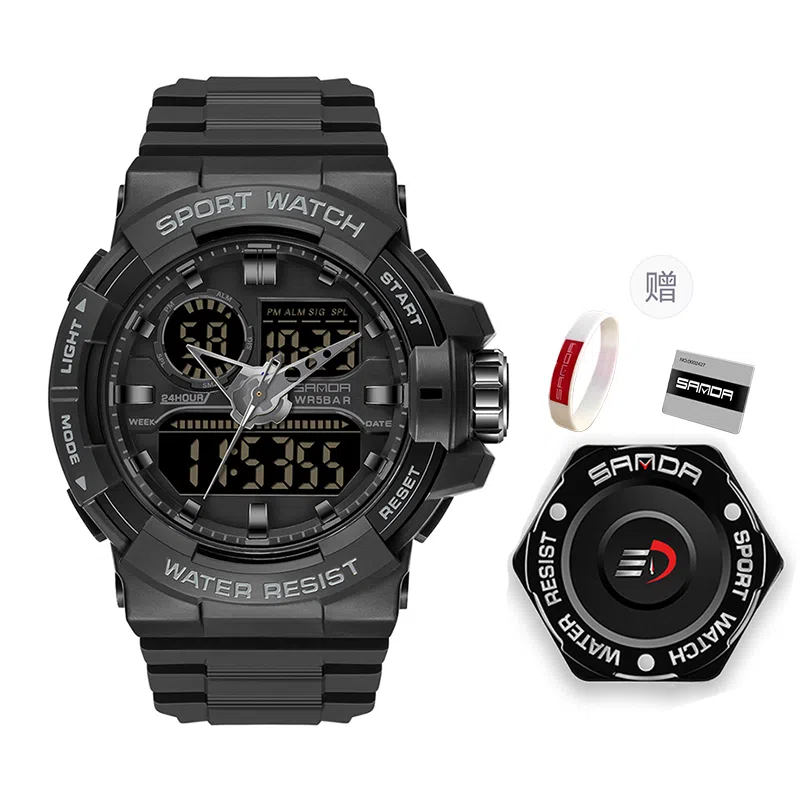 三达新款个性休闲潮流炫酷手表户外运动防水男士电子表多功能腕表国表黑色表盘电子+石英机芯男款