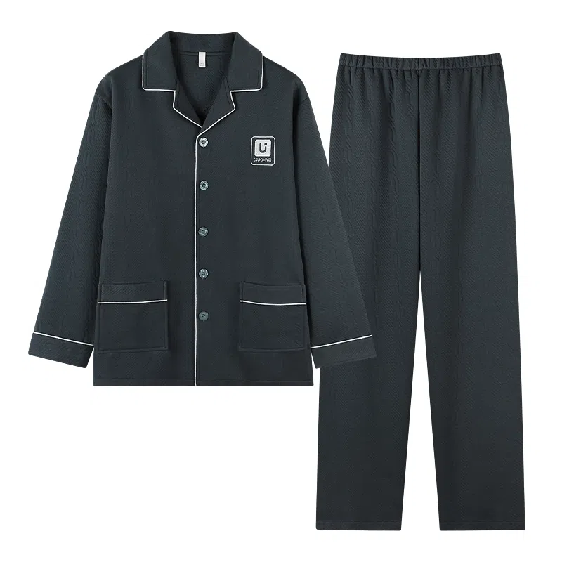 莫代尔 可外穿气质保暖储温蓄热轻熟风细腻舒适亲肤韩版时尚透气开衫翻领圆润纽扣宿舍简约休闲长袖长裤睡衣套装 男款 灰色