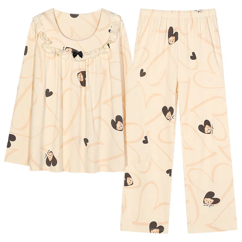 梦特娇 甜美公主风纯棉长袖长裤家居服可外穿 卡通爱心印花设计 休闲简约舒适柔软亲肤保暖上衣睡衣套装 秋冬季 女款 两件套 米白色