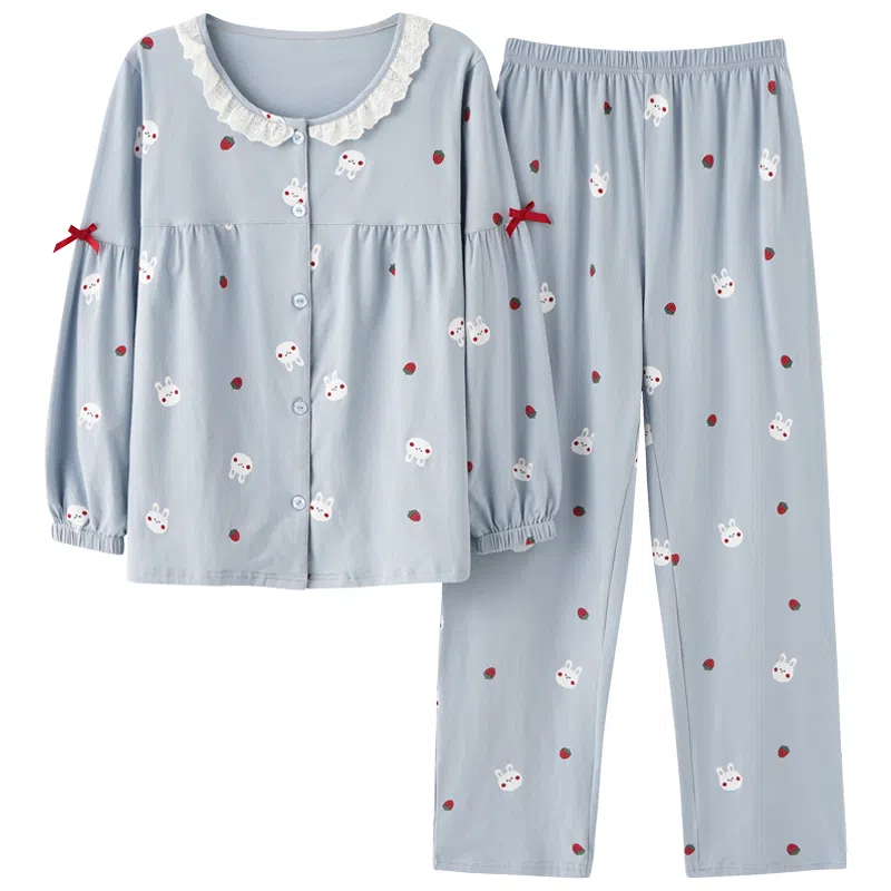 莫代尔 开衫圆领卡通满印韩版时尚亲肤休闲长袖长裤家居服可外穿睡衣套装 女款 浅蓝色