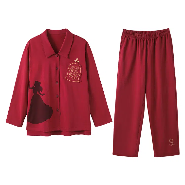 静韵 超柔软 迪士尼结婚情侣睡衣春秋红色家居服女款开衫套装