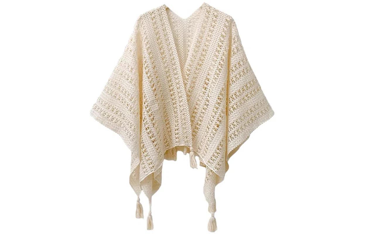 优幽兰 时尚民族风针织流苏披风小众设计感森系镂空外搭云南川西旅游度假拍照打卡穿搭 聚酯纤维 披肩 女款