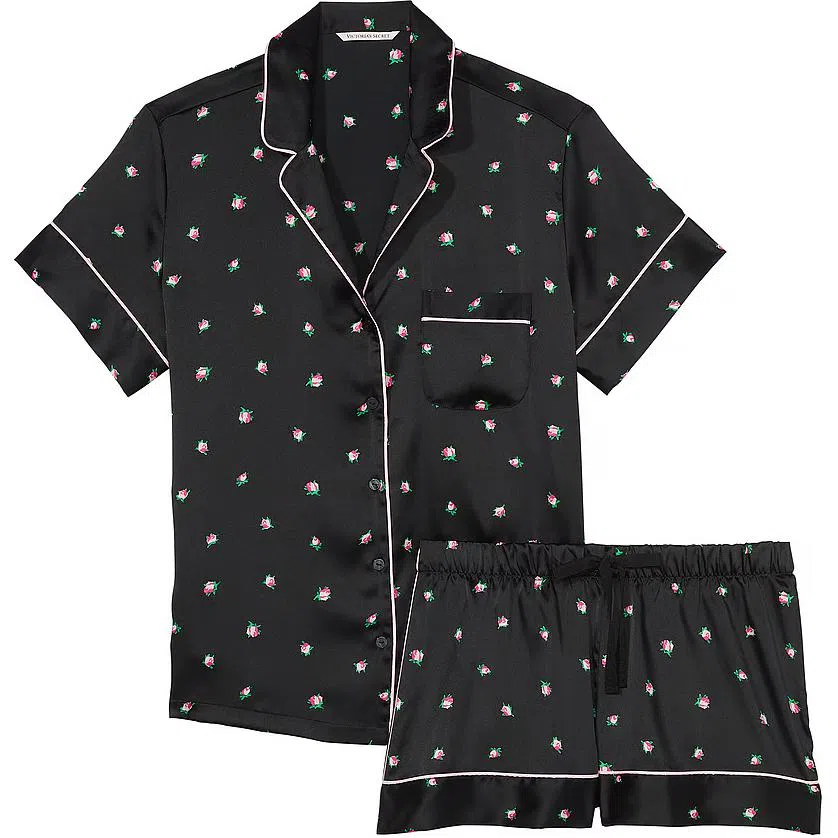 Victoria's Secret Satin Short Pajama Set Black Rosebuds