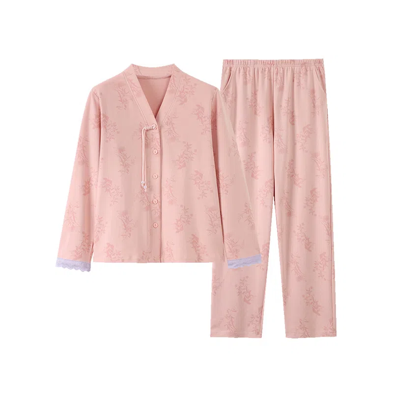 歌倩雅 时尚高级感国风舒适长袖长裤睡衣套装 女款 粉色