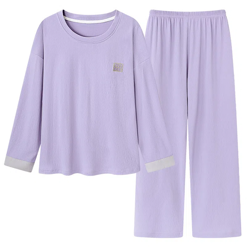 莫代尔 舒适柔软亲肤带胸垫不凸点圆领甜美卡通长袖长裤家居服可外穿睡衣套装 女 薰衣草淡紫