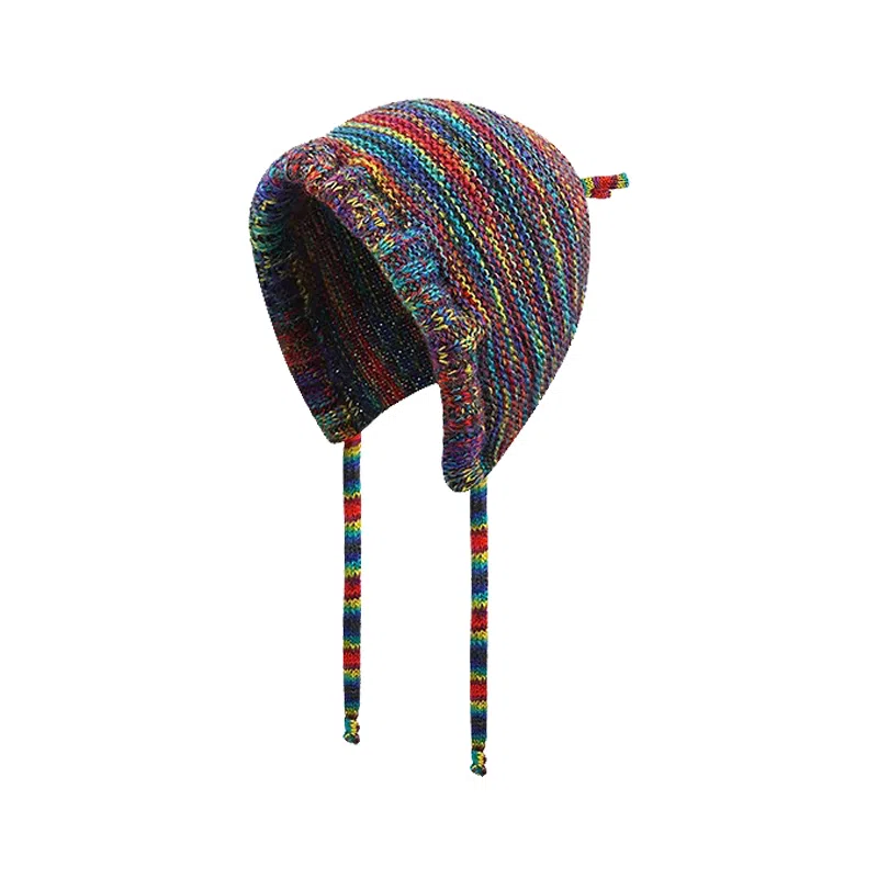 北极绒 甜美保暖绑带彩虹护耳 聚酯纤维 绒线帽 男女同款情侣款