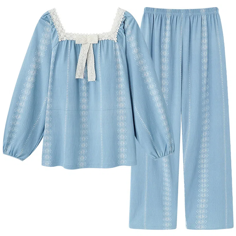 莫代尔 简约清新亲肤带胸垫防凸点方领长袖长裤甜美可外穿睡衣套装 女款 天蓝色