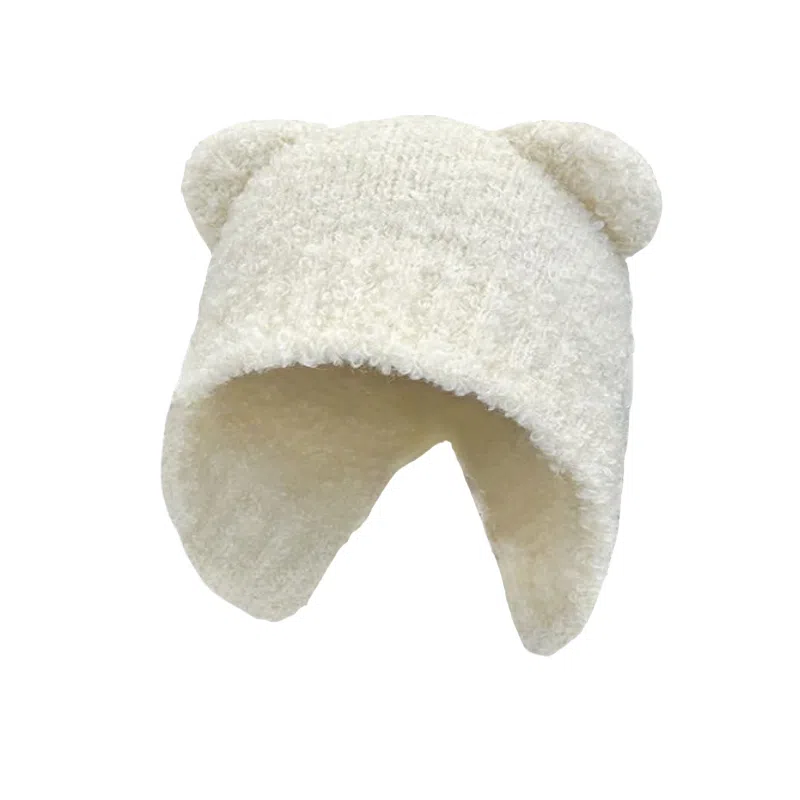 北极绒 可爱小熊秋冬季保暖显脸小大头围护耳包头帽 聚酯纤维 绒线帽 男女同款情侣款