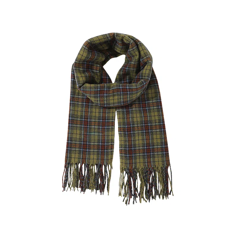 北极绒 复古绿色格子冬季高级感百搭保暖围脖 绒线围巾 男女同款情侣款