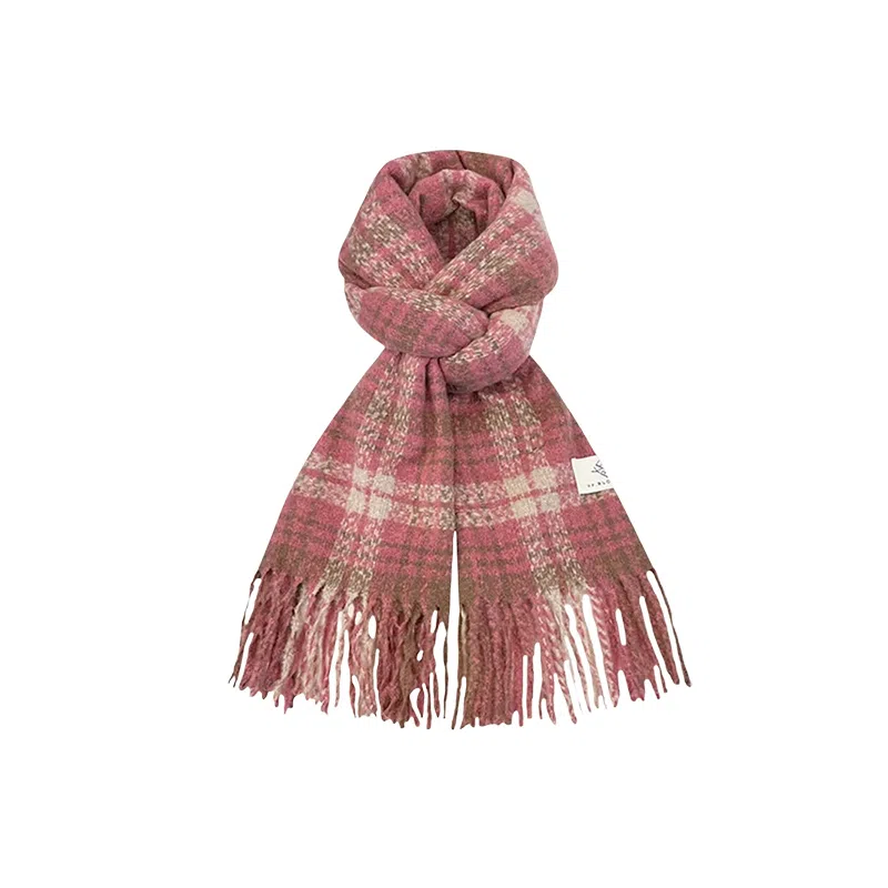 北极绒 网红格子高级感秋冬加厚保暖披肩干枯玫瑰粉围脖 绒线围巾 女款