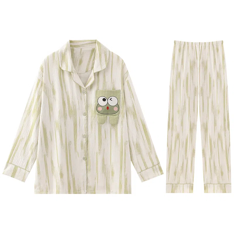 兰缪 简约亲肤舒适带胸垫一体防凸点长袖可外穿休闲长裤睡衣套装 女款 杏色