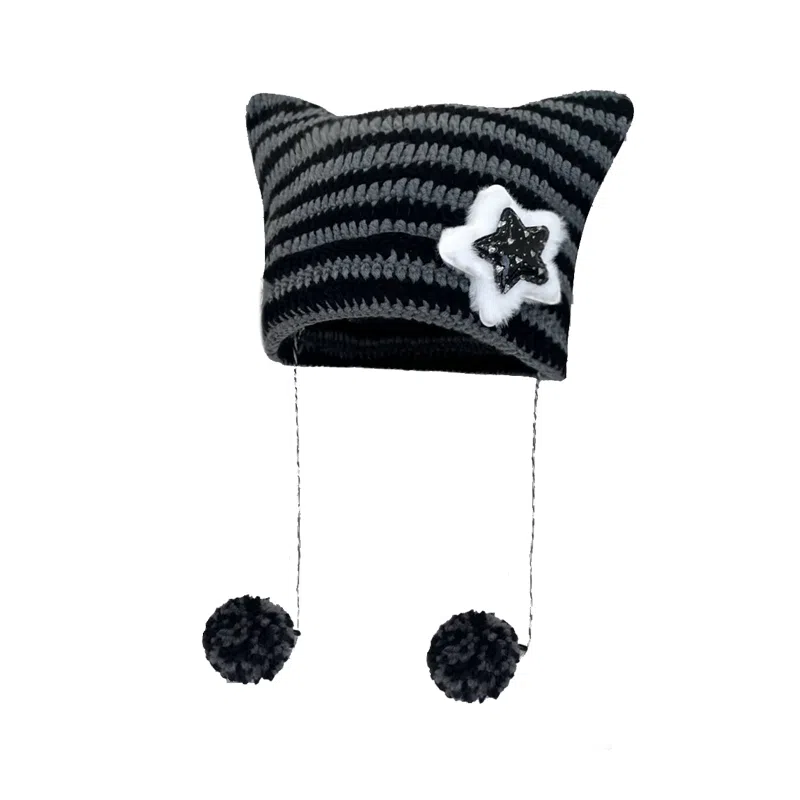 北极绒 亚比风五角星猫咪耳朵韩版条纹可爱保暖套头 涤纶 绒线帽 男女同款情侣款