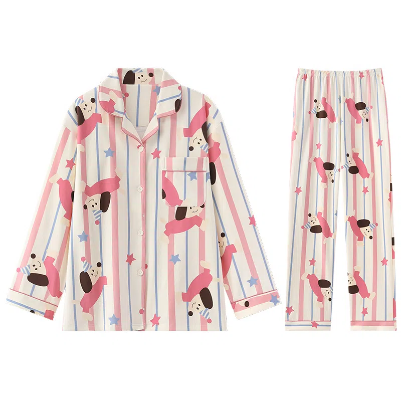 兰缪 简约亲肤舒适带胸垫一体防凸点长袖可外穿休闲长裤睡衣套装 女款 杏色