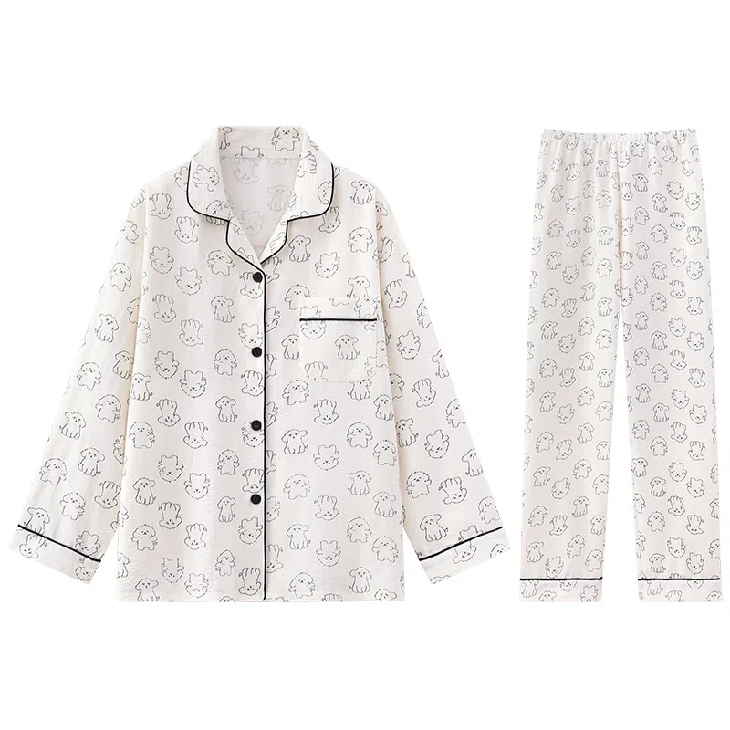 兰缪 简约亲肤舒适带胸垫一体防凸点长袖可外穿休闲长裤睡衣套装 女款 杏色