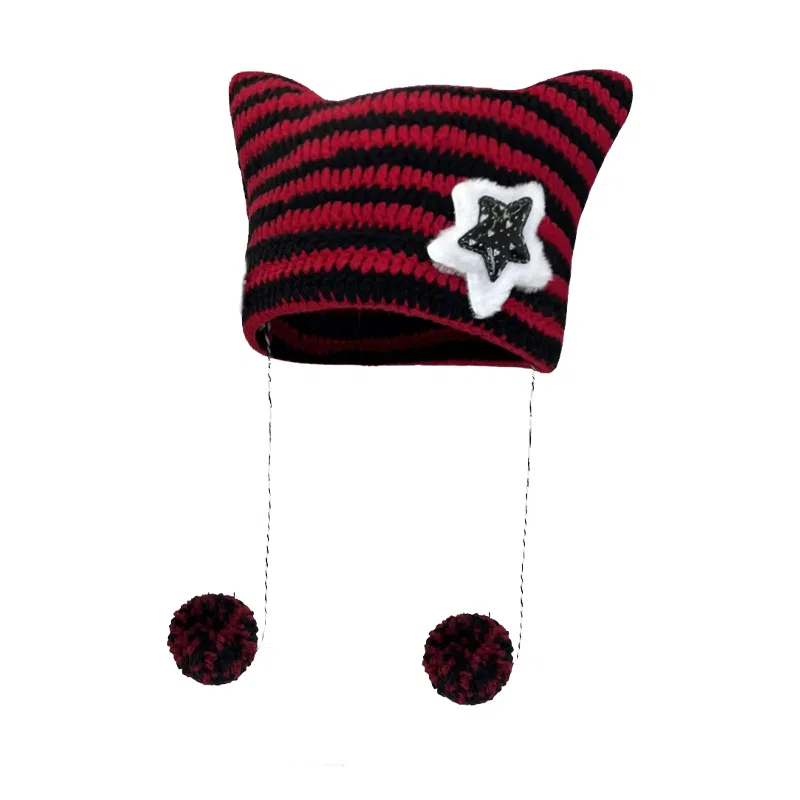 北极绒 亚比风五角星猫咪耳朵韩版条纹可爱保暖套头 涤纶 绒线帽 男女同款情侣款