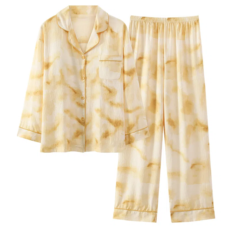 莫代尔 简约亲肤带胸垫防凸点翻领开衫长袖时尚可外穿长裤睡衣套装 女 杏色