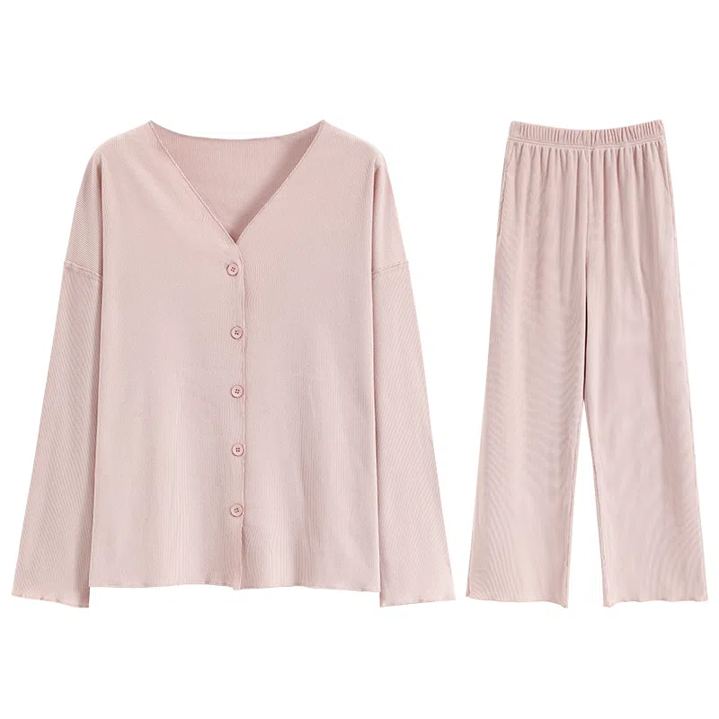 兰缪 简约亲肤舒适带胸垫一体防凸点长袖可外穿休闲长裤睡衣套装 女款 杏色