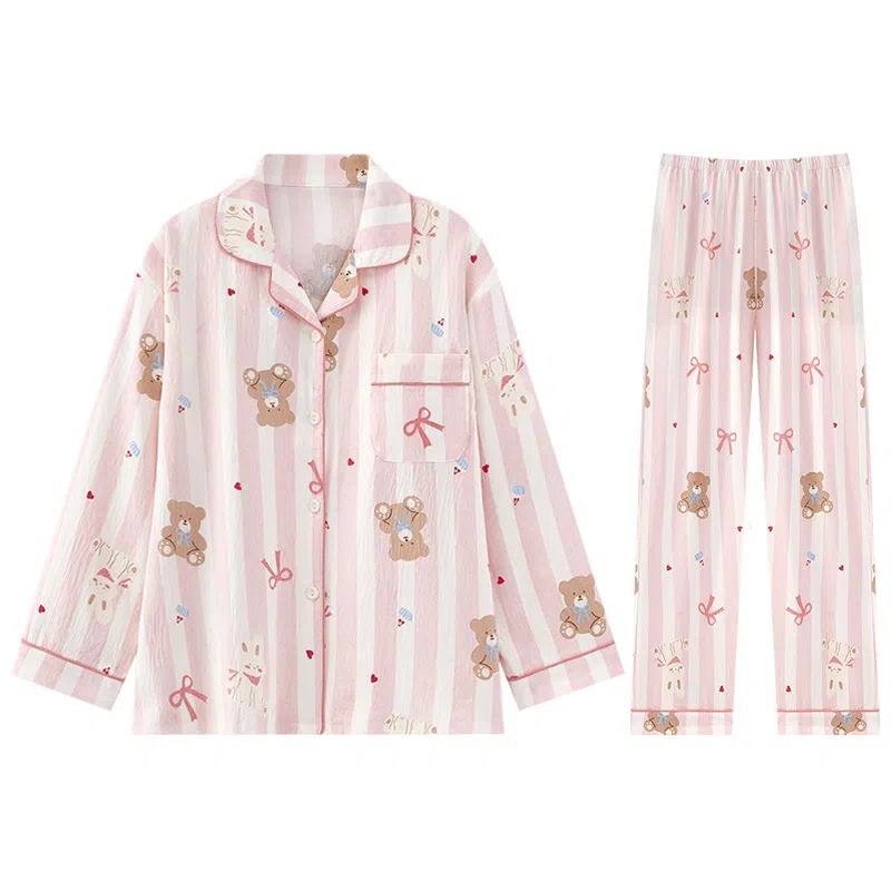 兰缪 简约亲肤舒适带胸垫一体防凸点长袖可外穿休闲长裤睡衣套装 女款 杏色