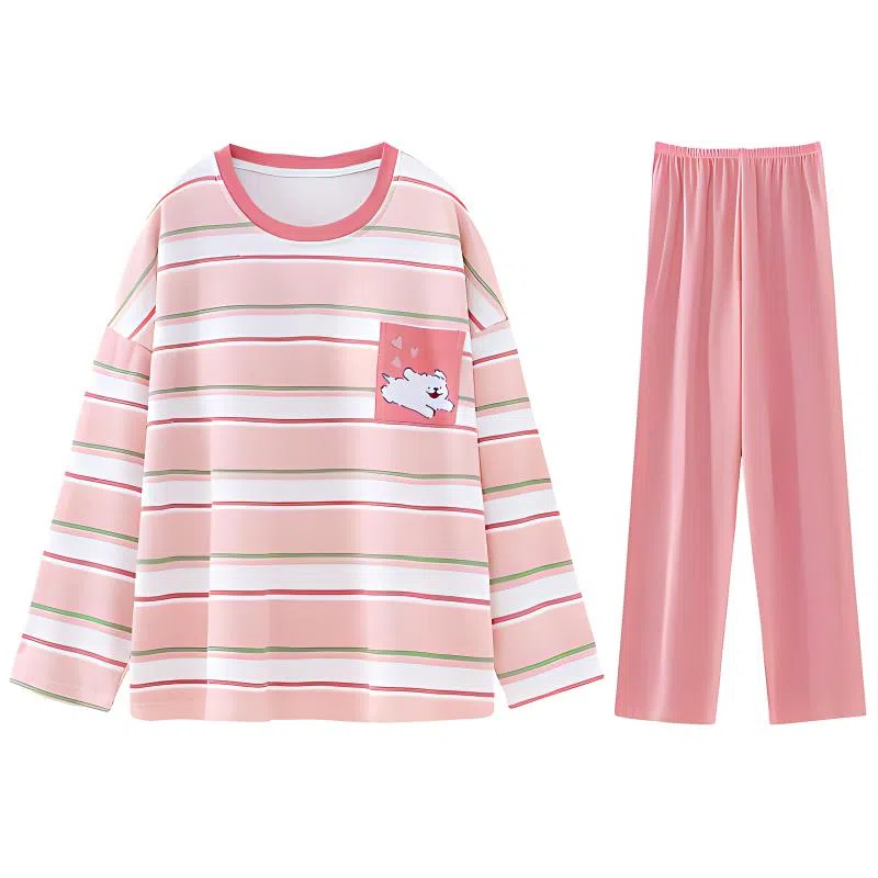 兰缪 简约亲肤舒适带胸垫套头长袖可爱可外穿长裤睡衣套装 女款 粉色