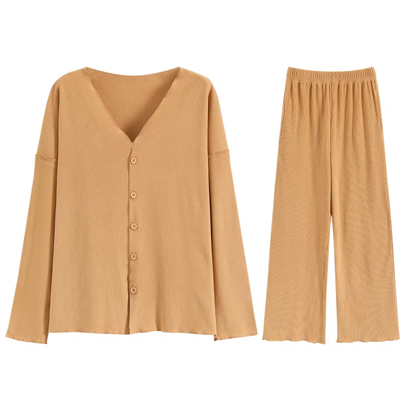 兰缪 简约亲肤舒适带胸垫一体防凸点长袖可外穿休闲长裤睡衣套装 女款 杏色