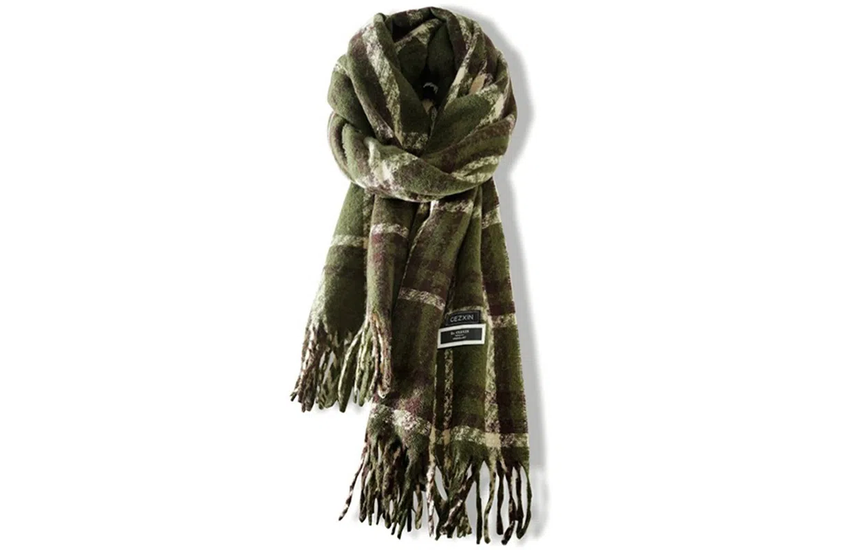 优幽兰 韩版复古绿色格子加厚保暖秋冬季高级感时尚百搭显白英伦风格纹防风防寒护脖子外搭 绒线围巾 女款