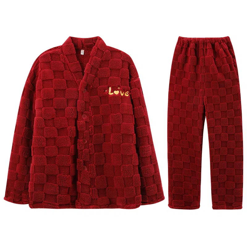 兰缪 新婚喜庆珊瑚绒加绒加厚本命年保暖长袖长裤睡衣套装 男款 红色