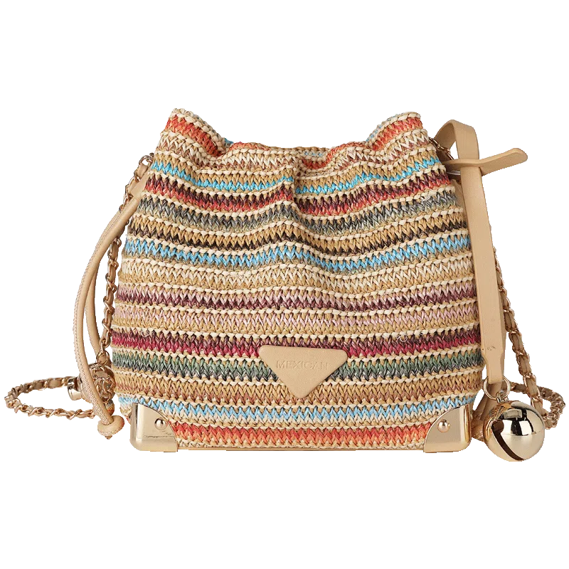 稻草人 小众时尚编织设计感链条包 聚丙烯拼聚氨酯革 水桶包单肩斜挎包 女款 七彩配咖色/七彩配杏色