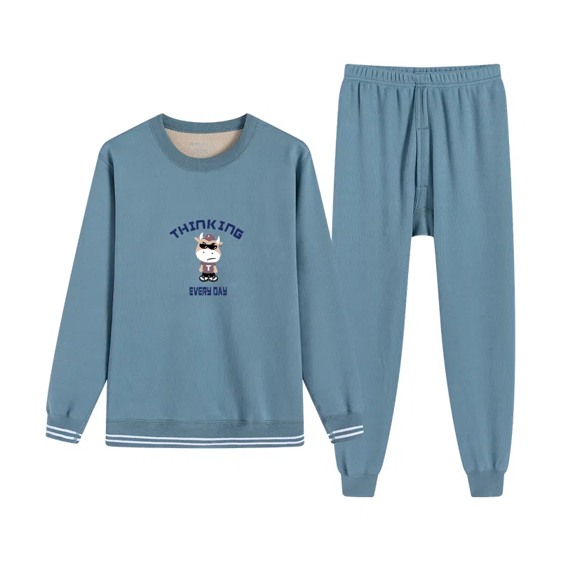 贴身领域 无痕加绒加厚圆领可外穿保暖套装 男款