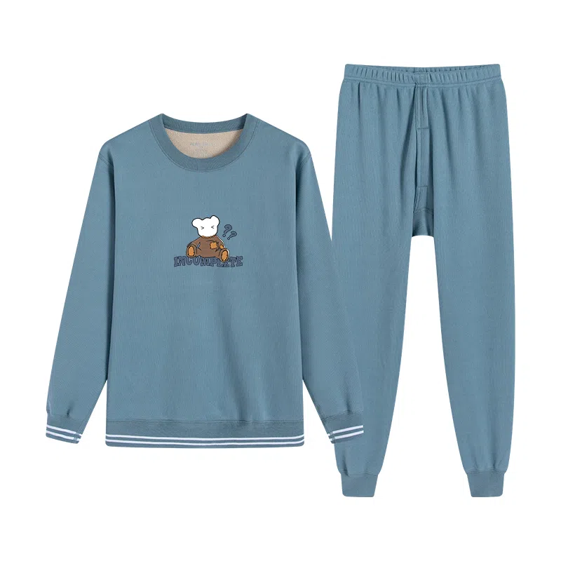 贴身领域 无痕加绒加厚圆领可外穿保暖套装 男款