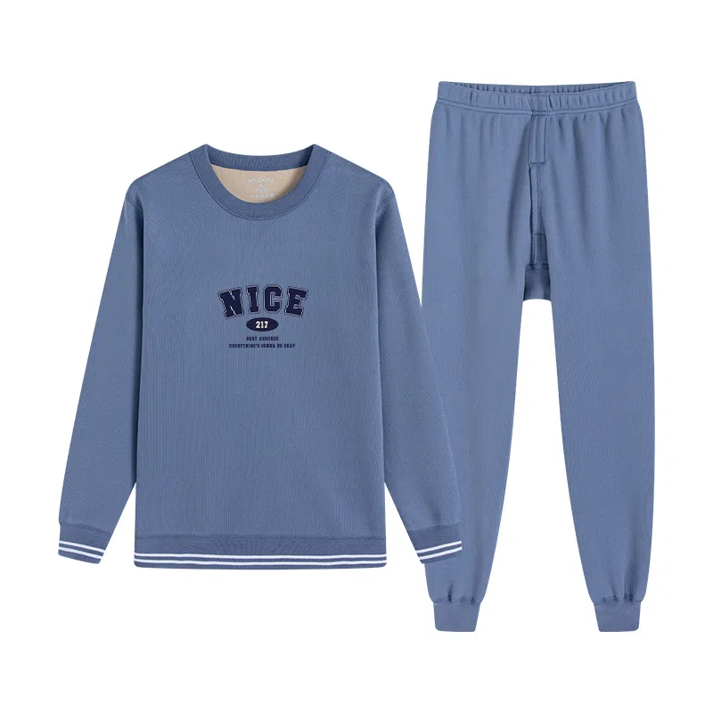 贴身领域 无痕加绒加厚圆领可外穿保暖套装 男款