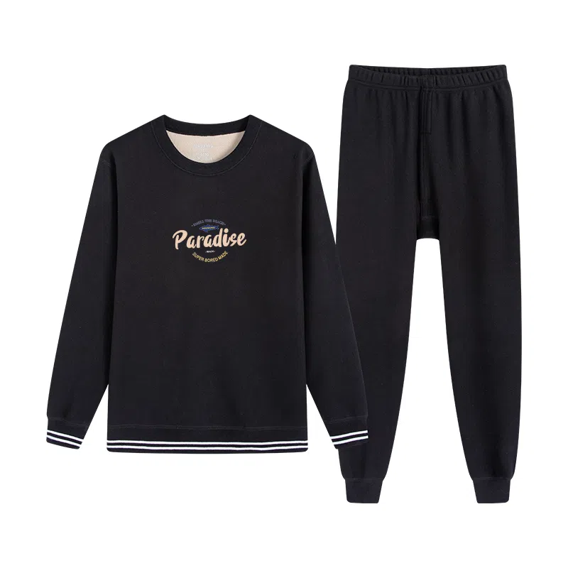 贴身领域 无痕加绒加厚圆领可外穿保暖套装 男款